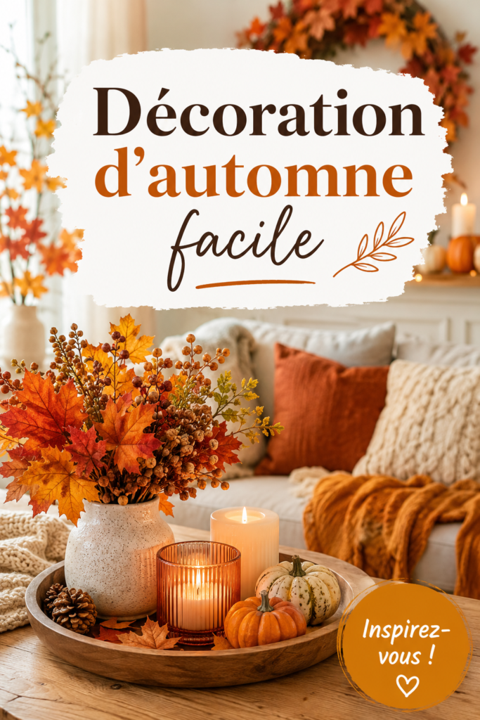 Un salon décoré avec des éléments automnaux comme des coussins et des feuilles colorées.