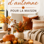 Salon décoré avec des éléments automnaux, incluant des coussins et des bougies