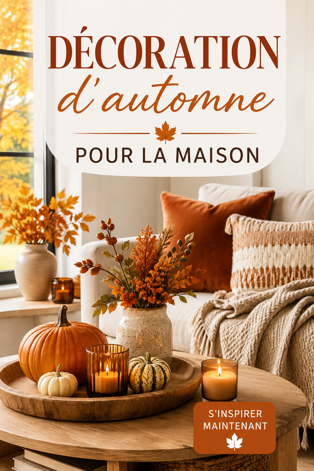Salon décoré avec des éléments automnaux, incluant des coussins et des bougies