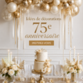 Table décorée pour un 75ème anniversaire avec ballons et fleurs