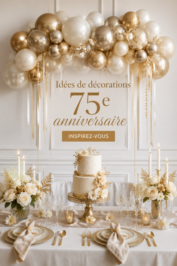 Table décorée pour un 75ème anniversaire avec ballons et fleurs