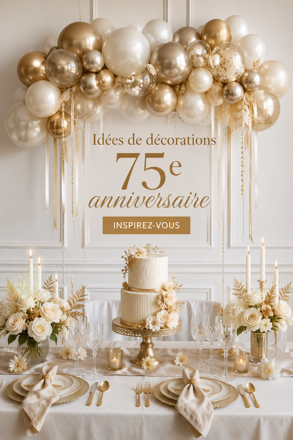 Table décorée pour un 75ème anniversaire avec ballons et fleurs