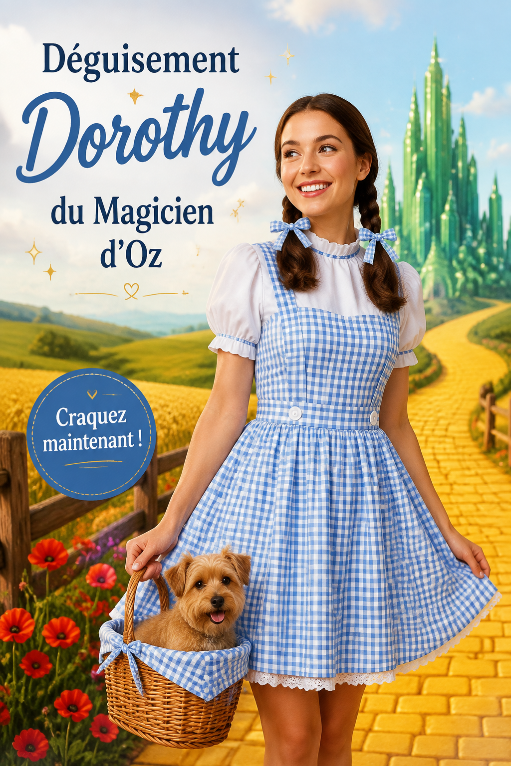 Déguisement inspiré de Dorothy du Magicien d'Oz, affichant une robe bleue et des chaussures rouges.