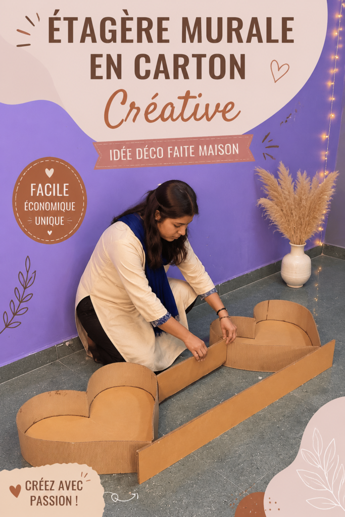 étagère murale en carton décorée avec plantes et livres