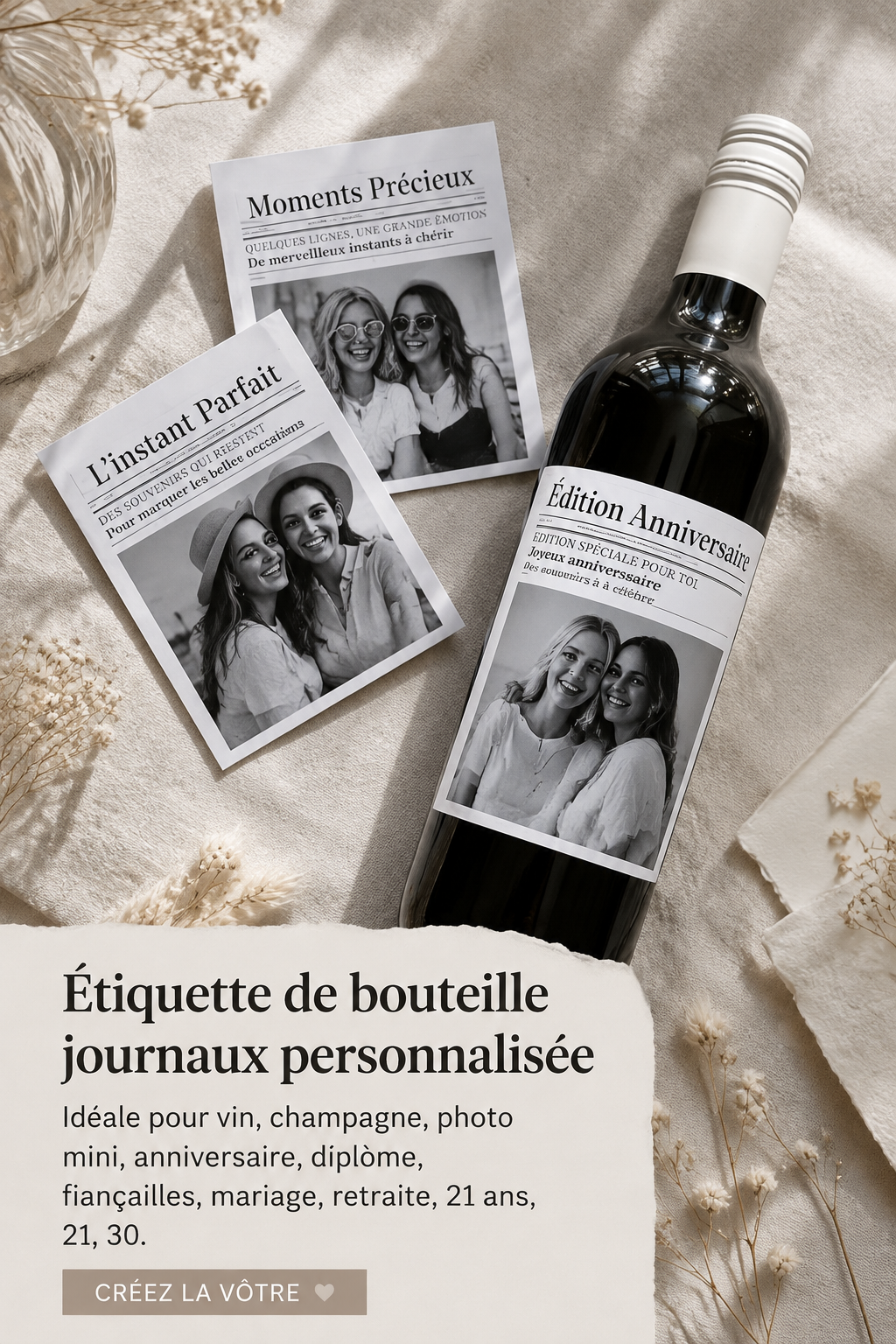 Étiquettes de bouteilles personnalisées pour célébrations et événements spéciaux.