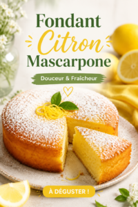 Un fondant au citron et mascarpone parfaitement cuit, servi sur une assiette blanche.