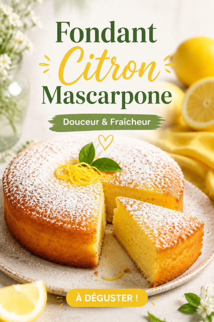 Un fondant au citron et mascarpone parfaitement cuit, servi sur une assiette blanche.