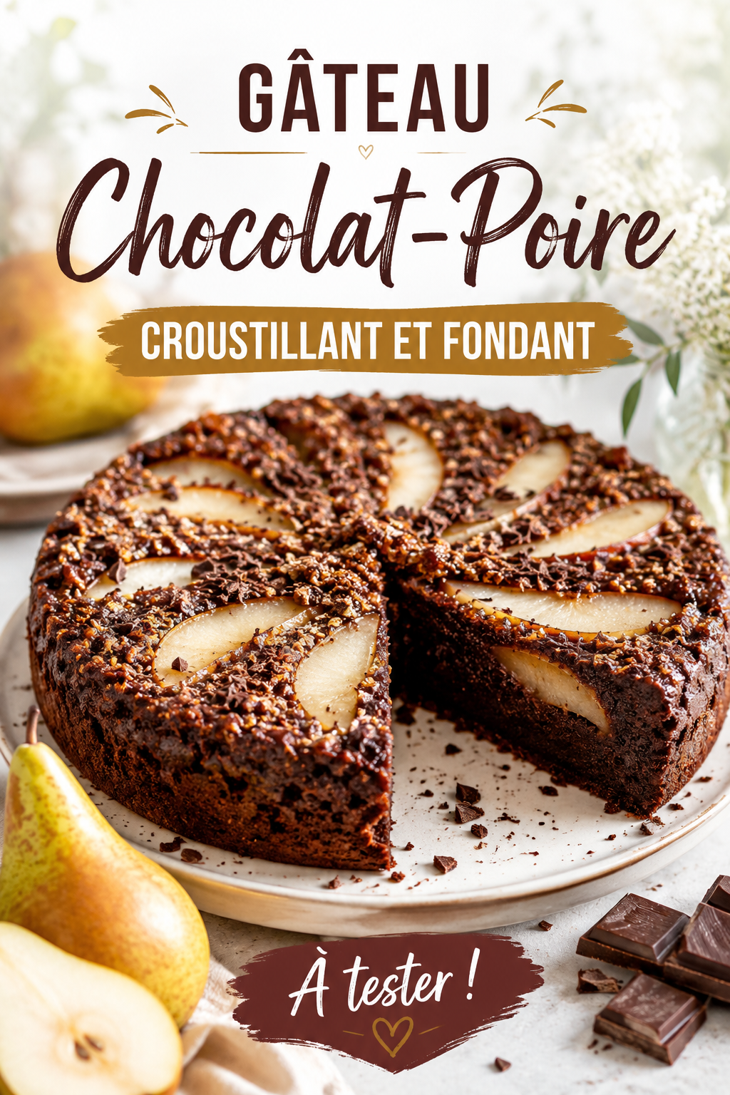 Gâteau au chocolat et poire croustillant, servi avec des fruits frais