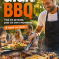 Un barbecue géant avec une variété de viandes et légumes grillés, réunissant des amis autour d'une table festive.