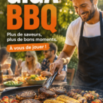 Un barbecue géant avec une variété de viandes et légumes grillés, réunissant des amis autour d'une table festive.
