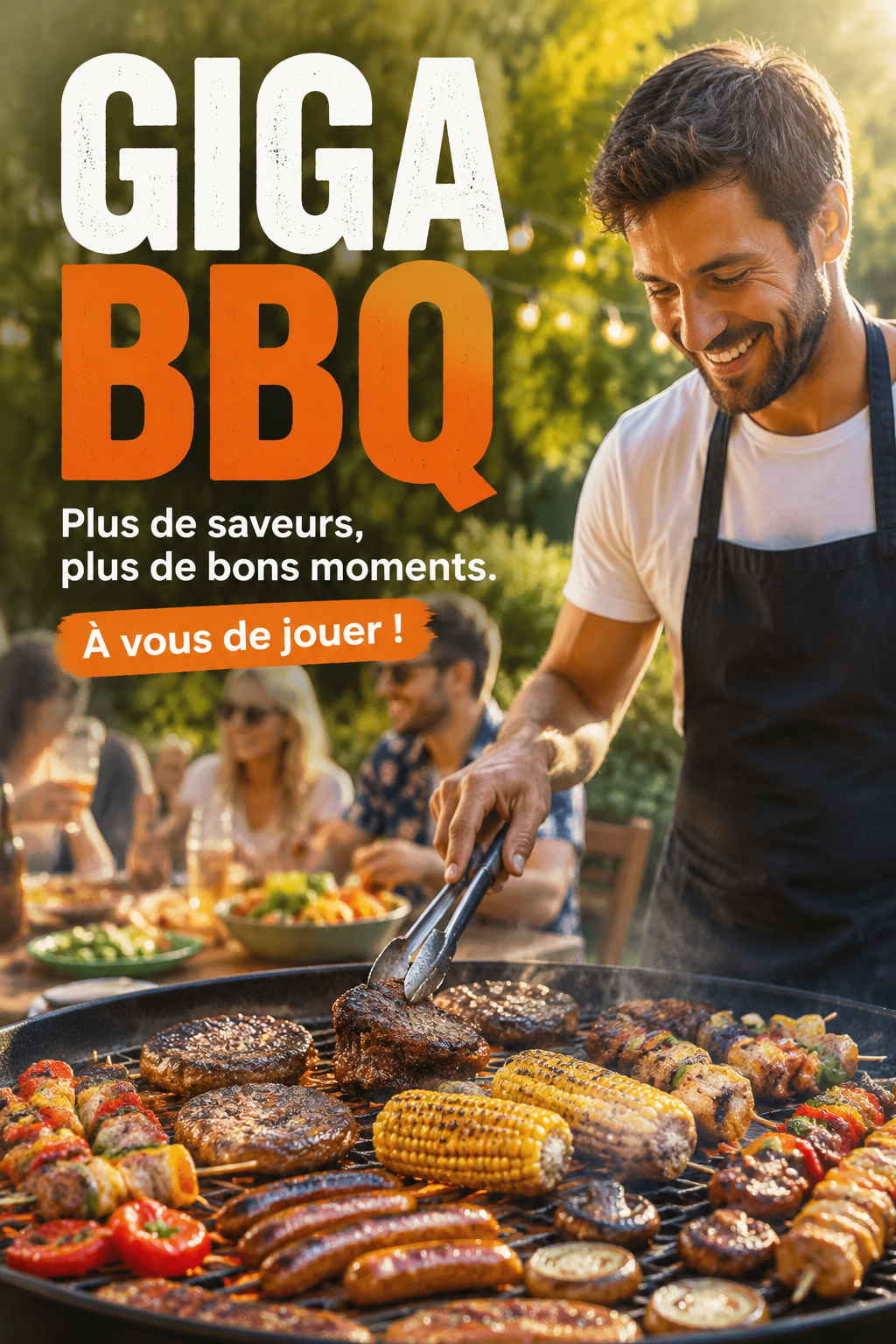 Un barbecue géant avec une variété de viandes et légumes grillés, réunissant des amis autour d'une table festive.