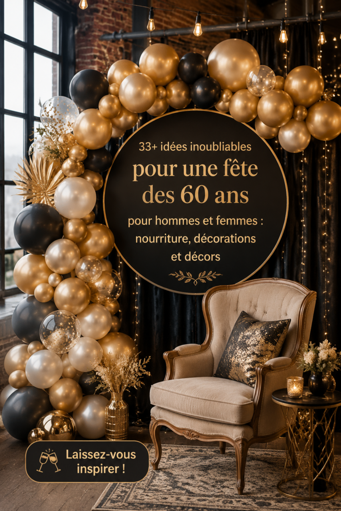 Fête personnalisée d'anniversaire de 60 ans avec des décorations colorées.