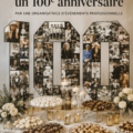 Une belle décoration de fête pour un 100e anniversaire avec des ballons et un gâteau.