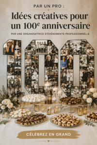 Une belle décoration de fête pour un 100e anniversaire avec des ballons et un gâteau.