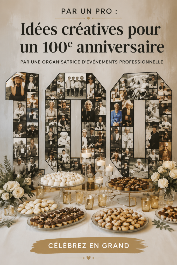 Une belle décoration de fête pour un 100e anniversaire avec des ballons et un gâteau.