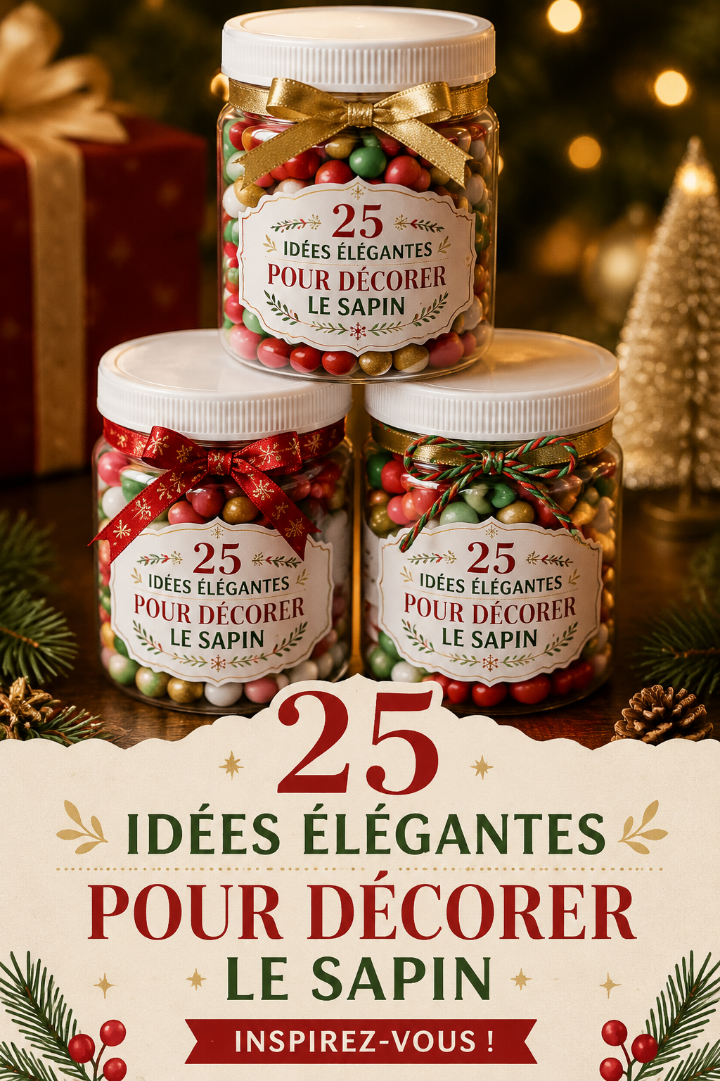 Un sapin de Noël décoré avec élégance, mêlant ornements dorés et rouges.