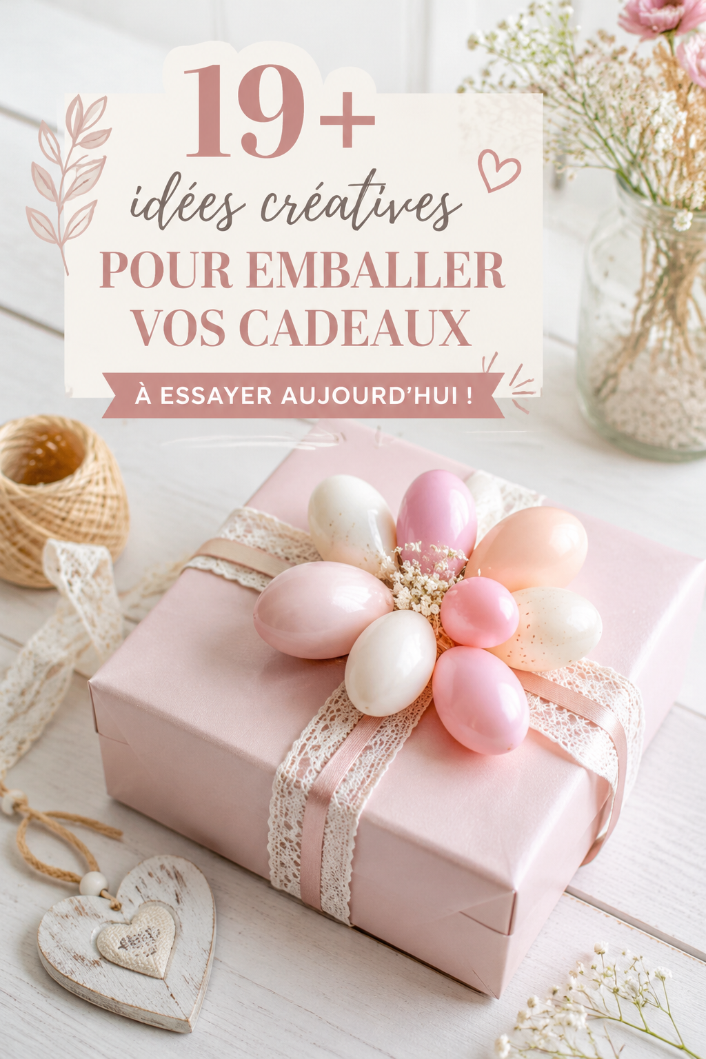 Emballage cadeau créatif en papier kraft et ruban coloré, décoré de fleurs sèches.