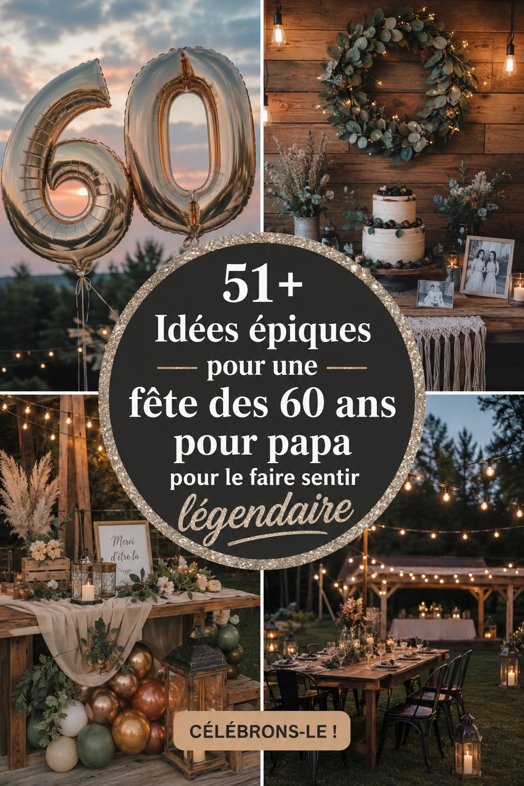Une fête d'anniversaire colorée pour célébrer les 60 ans d'un père avec décorations et ballons.