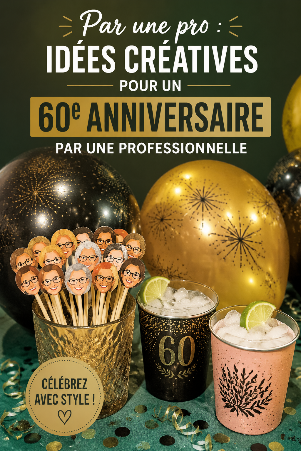 Idées créatives pour une fête d'anniversaire de 60 ans, avec décorations colorées et ambiance festive.
