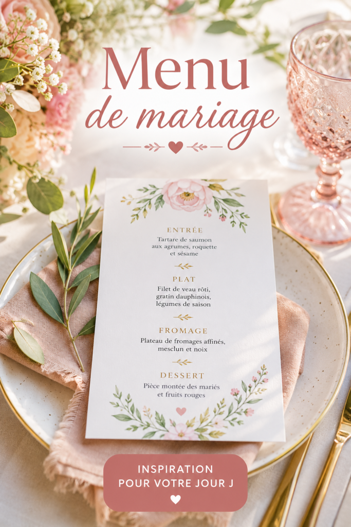 Table élégamment dressée avec un menu de mariage personnalisé.