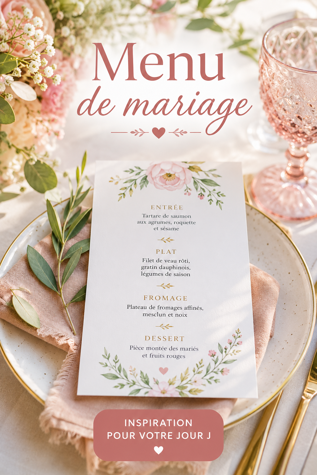 Table élégamment dressée avec un menu de mariage personnalisé.