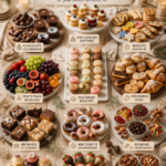 Un plateau dessert élégant avec des pâtisseries variées, des fruits frais et des décorations florales.