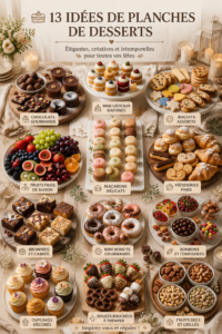 Un plateau dessert élégant avec des pâtisseries variées, des fruits frais et des décorations florales.