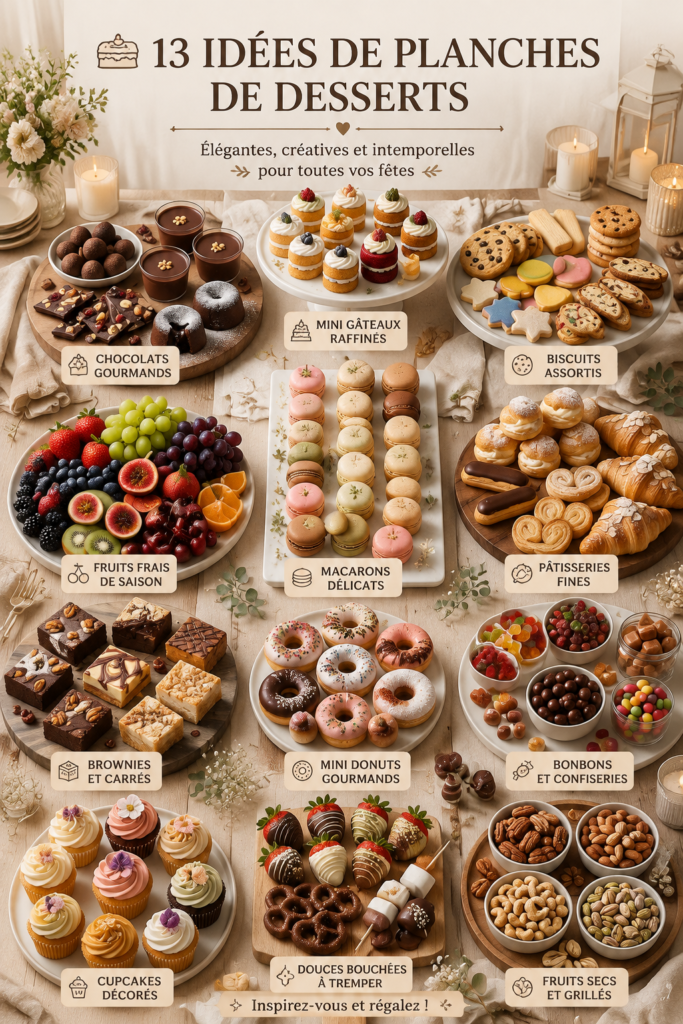Un plateau dessert élégant avec des pâtisseries variées, des fruits frais et des décorations florales.