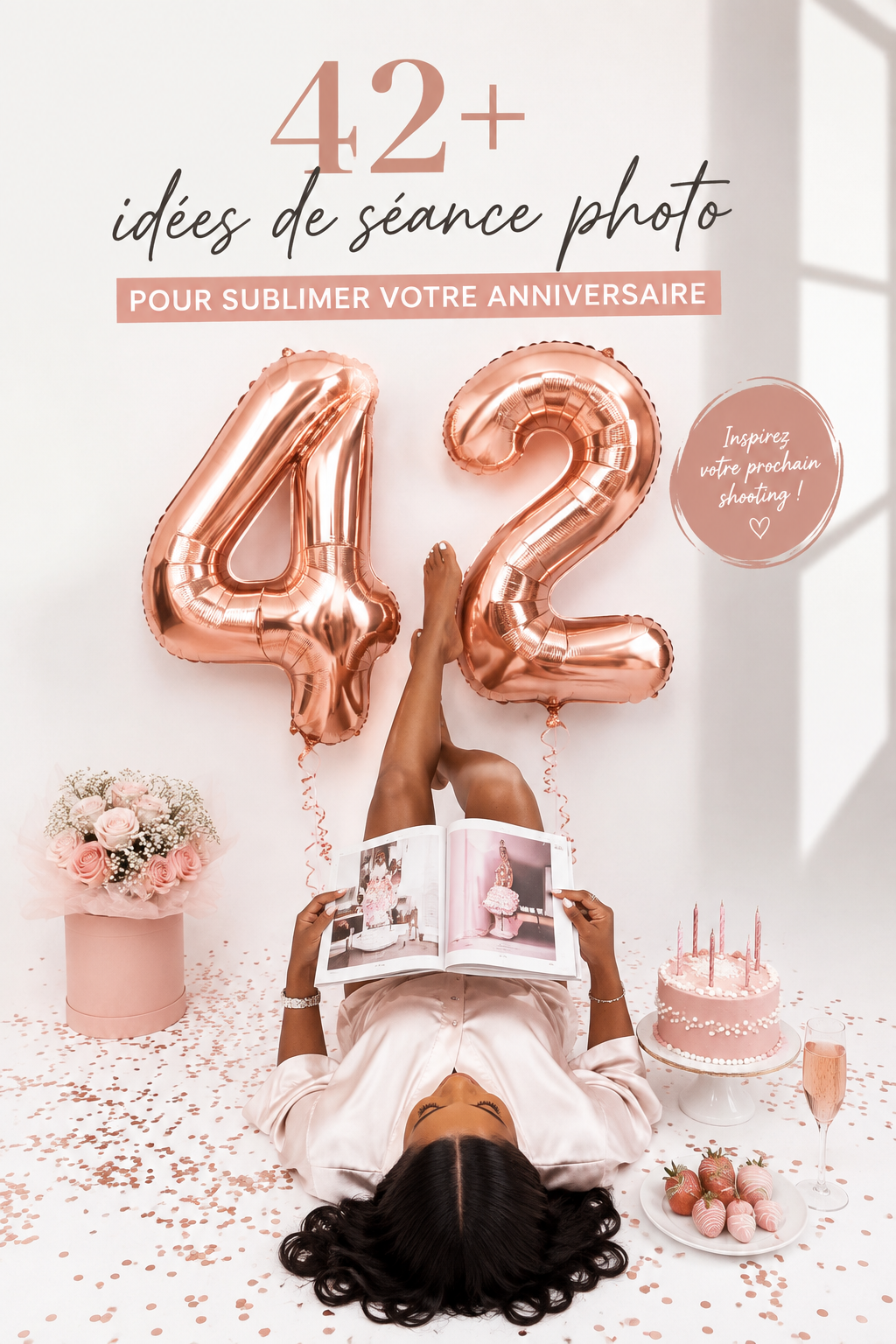 Une personne célébrant son anniversaire avec un shooting photo en extérieur, entourée de décorations colorées.