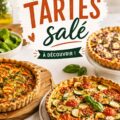 Tarte salée garnie de légumes frais et de fromage sur une table de fête.