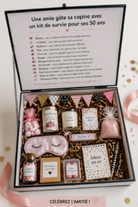 Un kit de survie d'anniversaire pour une femme de 50 ans avec des surprises et des souvenirs.