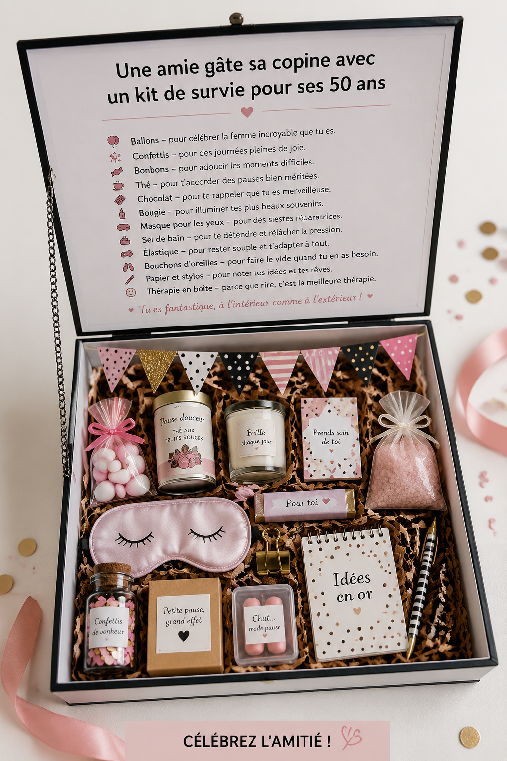 Un kit de survie d'anniversaire pour une femme de 50 ans avec des surprises et des souvenirs.