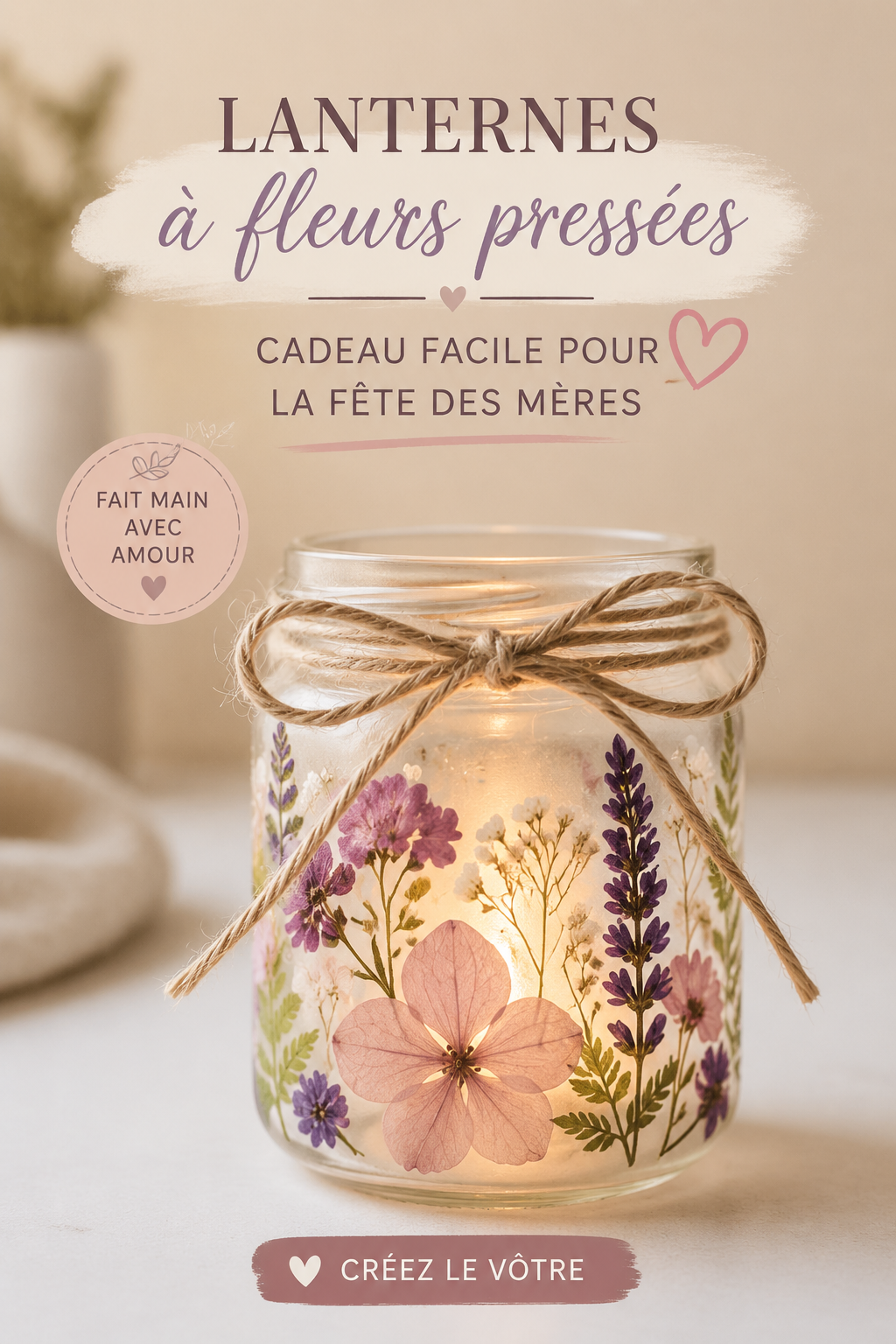 Lanternes faites maison avec des fleurs pressées pour la fête des mères