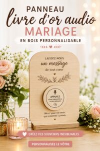 Livre d'or audio en bois personnalisé pour un mariage, décoré avec des fleurs.