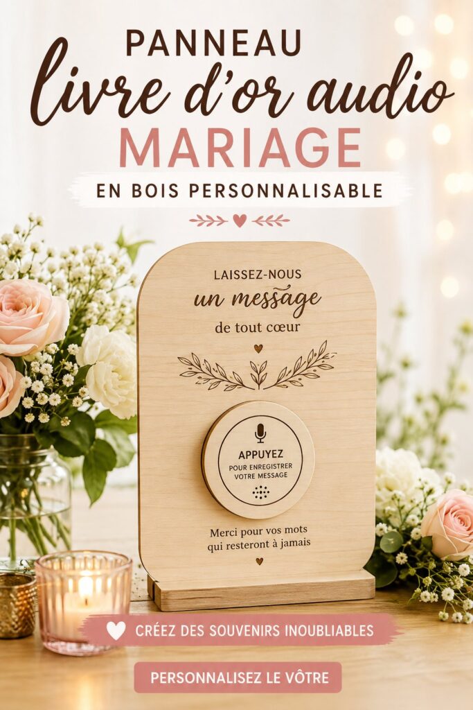 Livre d'or audio en bois personnalisé pour un mariage, décoré avec des fleurs.