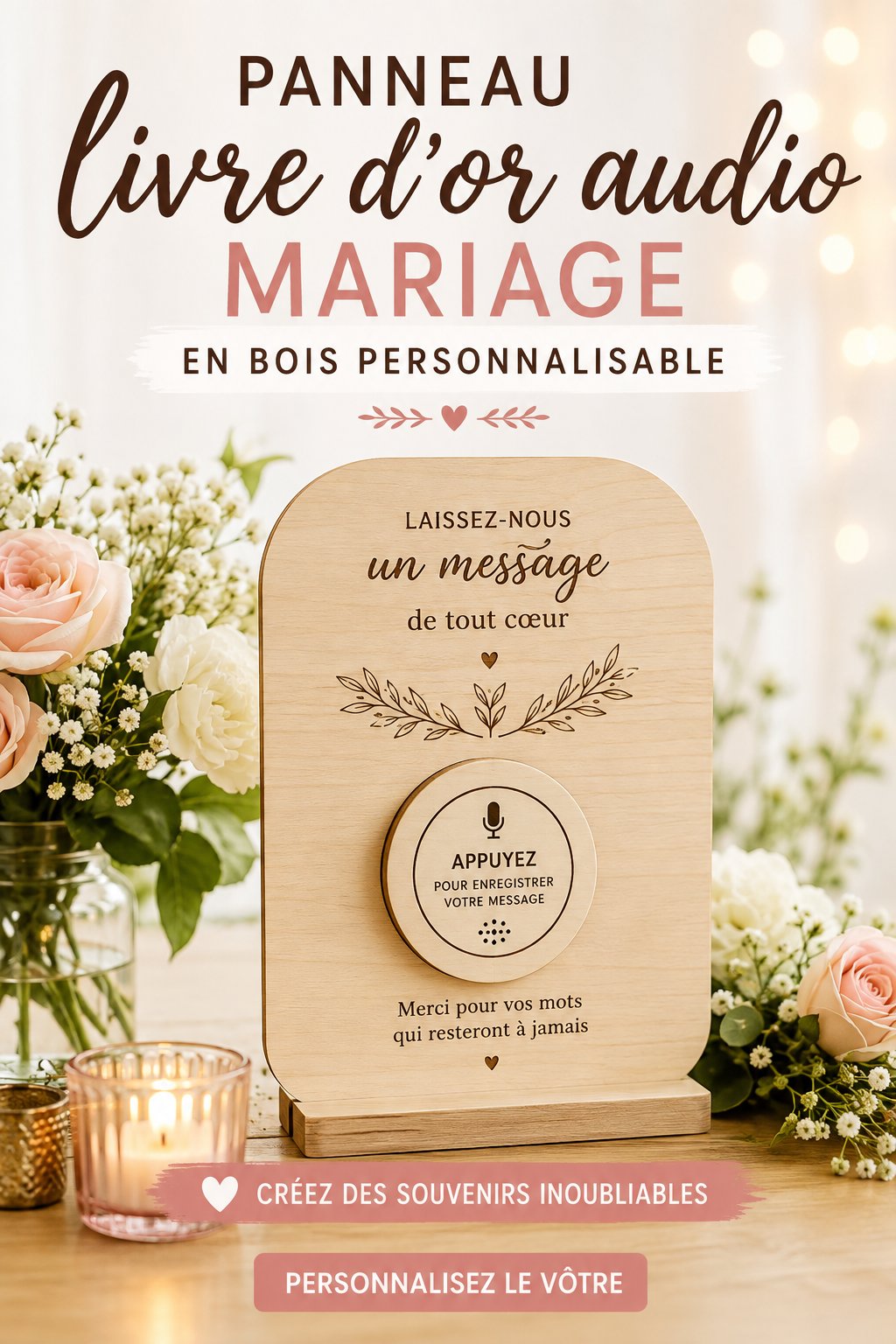 Livre d'or audio en bois personnalisé pour un mariage, décoré avec des fleurs.