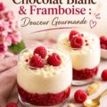 Mousse chocolat blanc avec une garniture de framboises fraîches, sur une table de dessert élégante.
