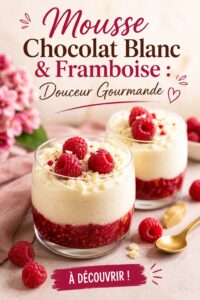Mousse chocolat blanc avec une garniture de framboises fraîches, sur une table de dessert élégante.