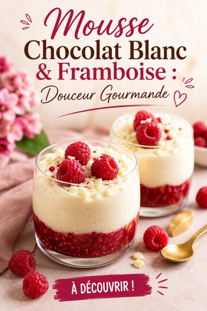 Mousse chocolat blanc avec une garniture de framboises fraîches, sur une table de dessert élégante.