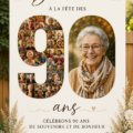 Panneau d'accueil coloré pour un 90e anniversaire, avec un collage photo mémorable.