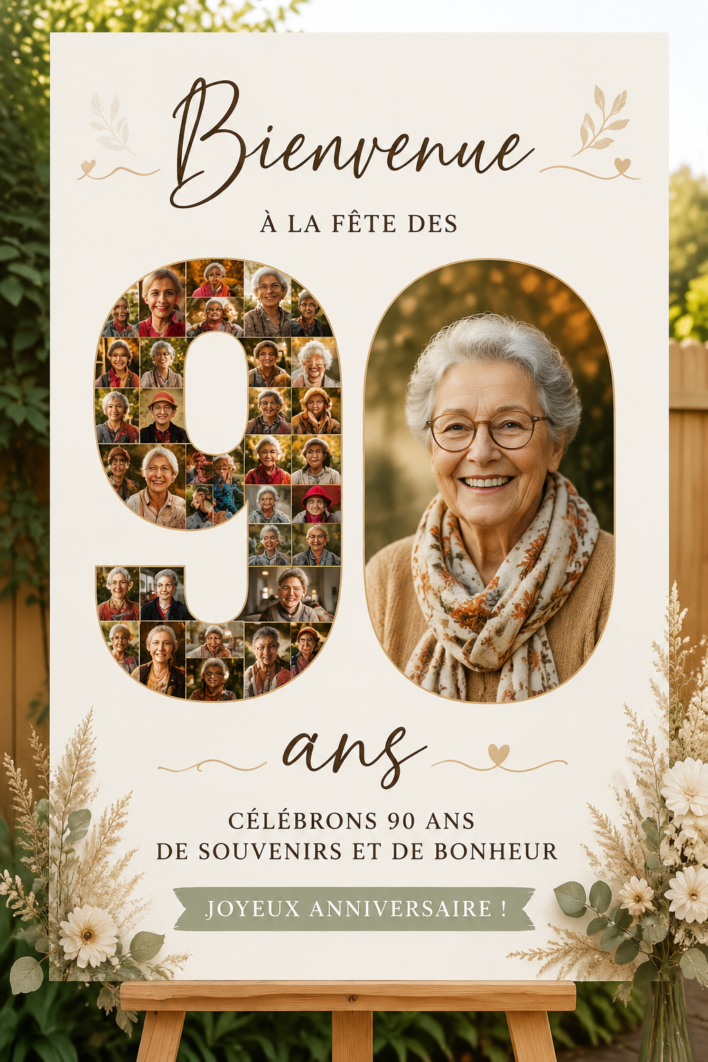 Panneau d'accueil coloré pour un 90e anniversaire, avec un collage photo mémorable.