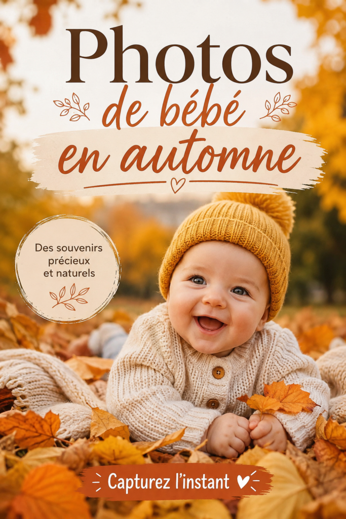 Bébé souriant assis dans des feuilles d'automne colorées.