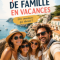 Une famille heureuse posant ensemble sur une plage pendant les vacances.