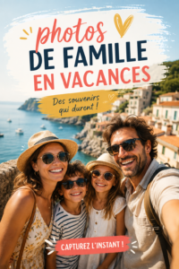 Une famille heureuse posant ensemble sur une plage pendant les vacances.