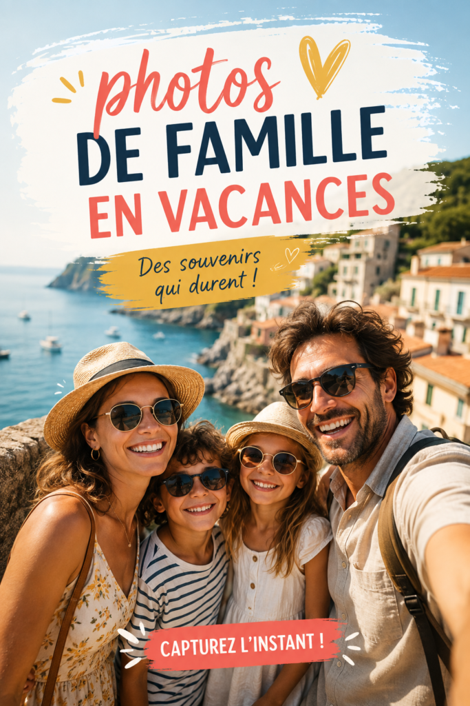 Une famille heureuse posant ensemble sur une plage pendant les vacances.