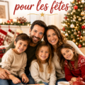 Une famille heureuse réunie autour d'un sapin de Noël, prenant des photos ensemble.