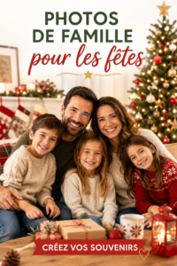 Une famille heureuse réunie autour d'un sapin de Noël, prenant des photos ensemble.