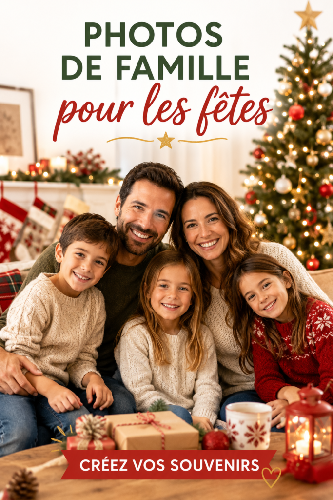 Une famille heureuse réunie autour d'un sapin de Noël, prenant des photos ensemble.