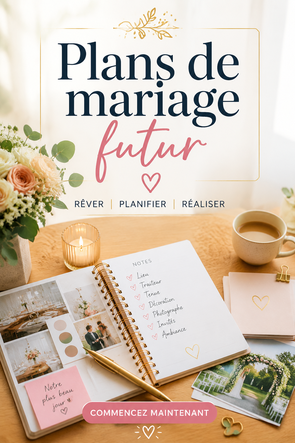 Un couple heureux célébrant leur mariage avec des éléments de décoration florale.