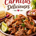 Carnitas délicieuses servies dans des tortillas croustillantes avec des garnitures colorées.